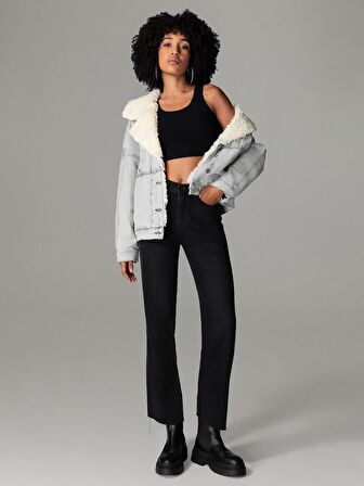 Oversize Kürklü Yaka Jean Kadın Ceket