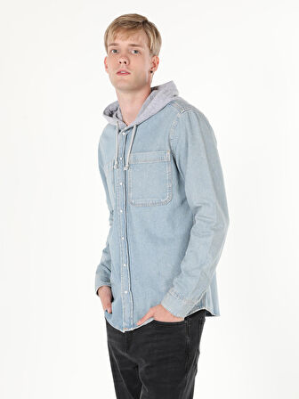 Oversize Fit Klasik Yaka Kapüşonlu Açık Mavi Erkek Uzun Kol Gömlek