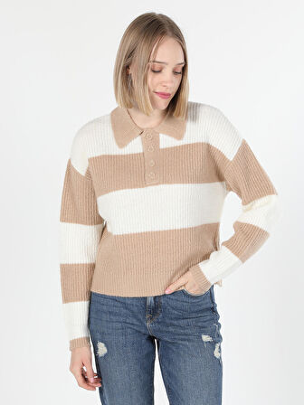 Regular Fit Polo Yaka Çizgili Ekru Kadın Kazak
