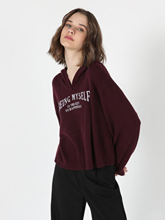 Regular Fit Hooded Kapüşonlu Baskılı Bordo Kadın Uzun Kol Tişört