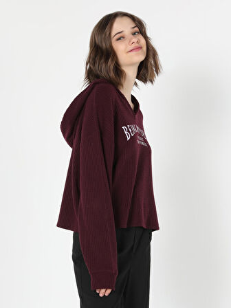 Regular Fit Hooded Kapüşonlu Baskılı Bordo Kadın Uzun Kol Tişört