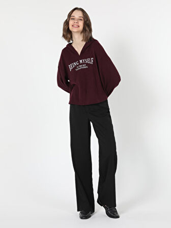 Regular Fit Hooded Kapüşonlu Baskılı Bordo Kadın Uzun Kol Tişört