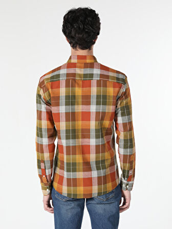 Slim Fit Kareli Sarı Erkek Uzun Kol Gömlek