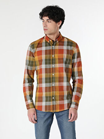 Slim Fit Kareli Sarı Erkek Uzun Kol Gömlek