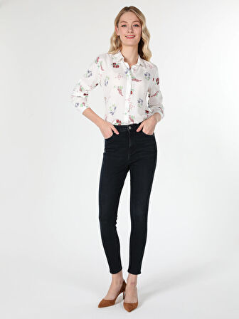 Slim Fit Baskılı Çok Renkli Kadın Uzun Kol Gömlek