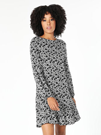 Regular Fit Baskılı Siyah Kadın Elbise