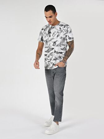 Regular Fit Bisiklet Yaka Baskılı Beyaz Erkek Kısa Kol Tişört