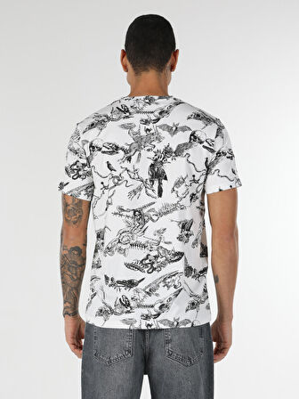 Regular Fit Bisiklet Yaka Baskılı Beyaz Erkek Kısa Kol Tişört