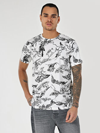 Regular Fit Bisiklet Yaka Baskılı Beyaz Erkek Kısa Kol Tişört