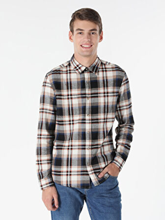 Slim Fit Ekoseli Bej Erkek Uzun Kol Gömlek