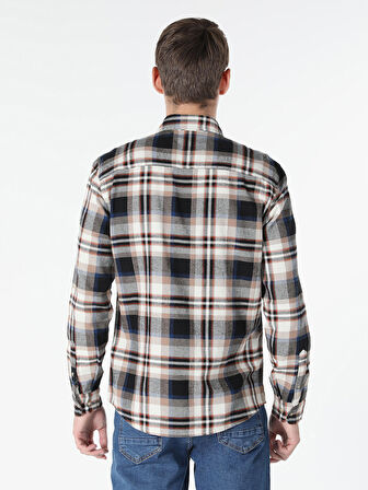 Slim Fit Ekoseli Bej Erkek Uzun Kol Gömlek