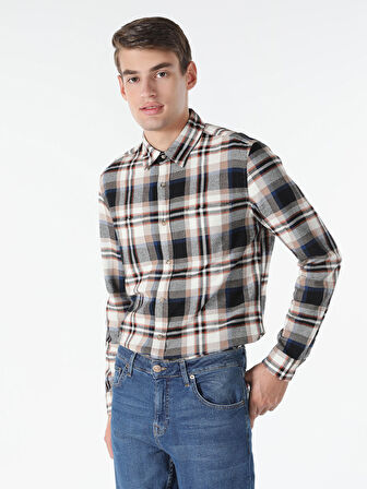 Slim Fit Ekoseli Bej Erkek Uzun Kol Gömlek