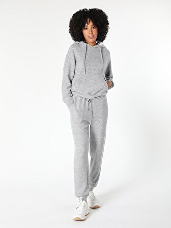 Regular Fit Hooded Kapüşonlu Gri Kadın Uzun Kol Tişört