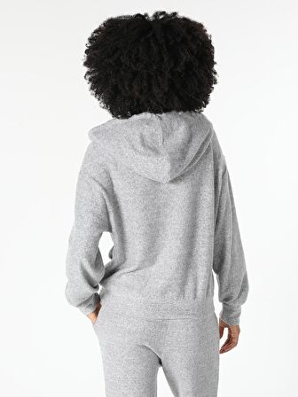 Regular Fit Hooded Kapüşonlu Gri Kadın Uzun Kol Tişört