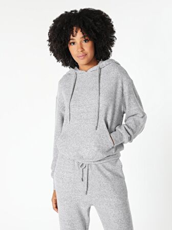 Regular Fit Hooded Kapüşonlu Gri Kadın Uzun Kol Tişört