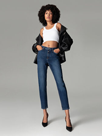 896 Marıa Rahat Kesim Yüksek Bel Düz Paça Mavi Kadın Jean Pantolon Cl1061427