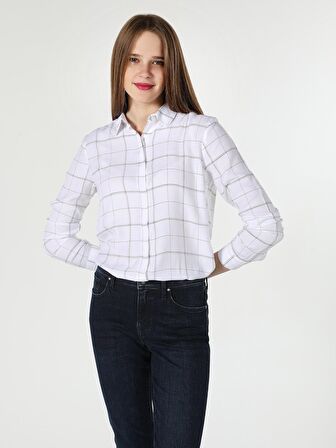 Regular Fit Çizgili Beyaz Kadın Uzun Kol Gömlek
