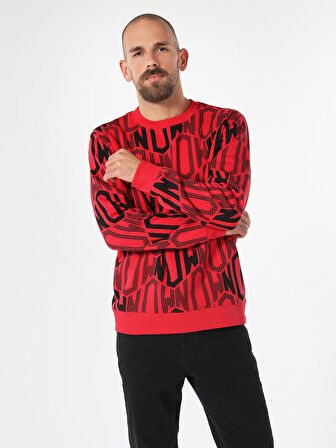 Regular Fit Desenli Erkek Kırmızı Sweatshirt