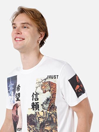 Normal Kesim Bisiklet Yaka Baskılı Beyaz Erkek Kısa Kol Tişört Cl1061631