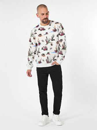 Regular Fit Baskılı Beyaz Erkek Sweatshirt