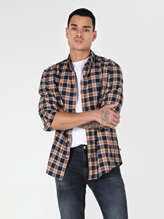 Slim Fit Kareli Lacivert Erkek Uzun Kol Gömlek