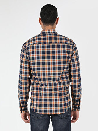 Slim Fit Kareli Lacivert Erkek Uzun Kol Gömlek