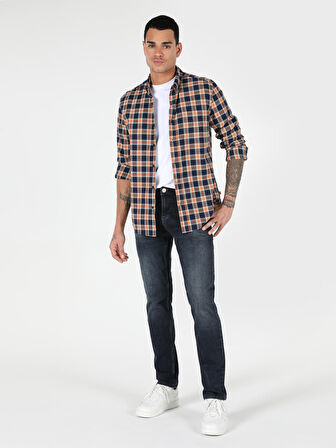 Slim Fit Kareli Lacivert Erkek Uzun Kol Gömlek