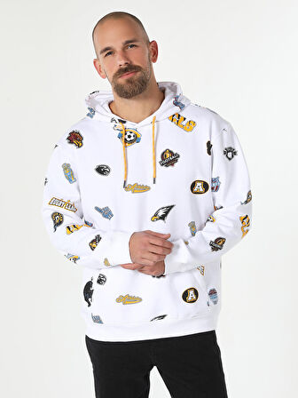 Regular Fit Baskılı Kapüşonlu Beyaz Erkek Sweatshirt