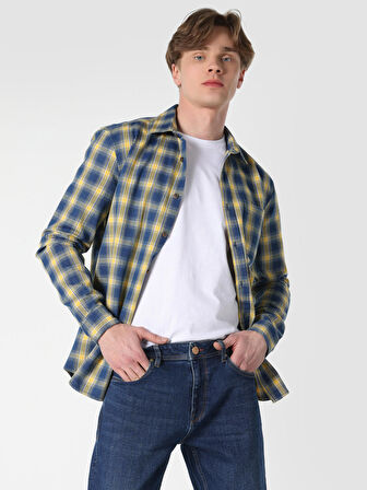 Slim Fit Kareli Mavi Erkek Uzun Kol Gömlek