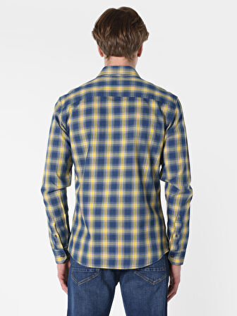 Slim Fit Kareli Mavi Erkek Uzun Kol Gömlek