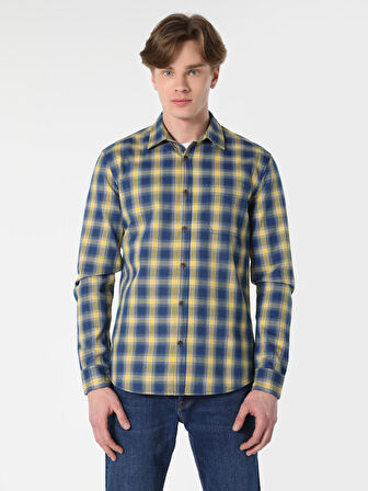 Slim Fit Kareli Mavi Erkek Uzun Kol Gömlek