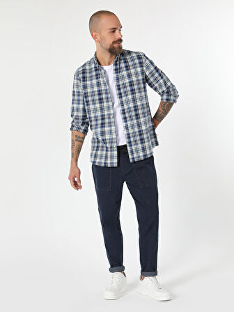 Slim Fit Kareli Mavi Erkek Uzun Kol Gömlek