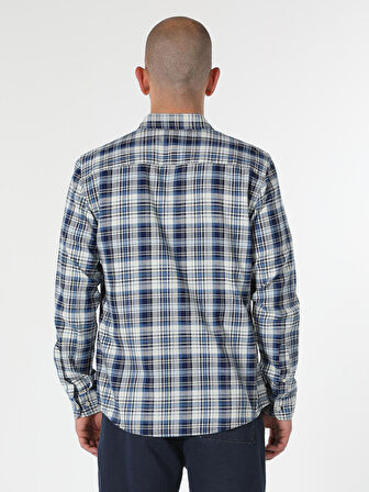 Slim Fit Kareli Mavi Erkek Uzun Kol Gömlek