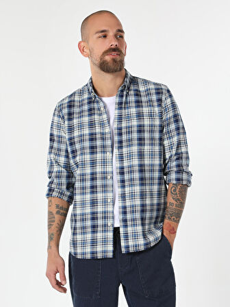 Slim Fit Kareli Mavi Erkek Uzun Kol Gömlek