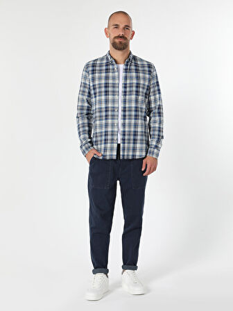 Slim Fit Kareli Mavi Erkek Uzun Kol Gömlek