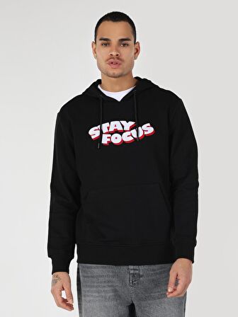 Regular Fit Kapüşonlu Yazı Baskılı Siyah Erkek Sweatshirt