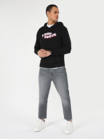 Regular Fit Kapüşonlu Yazı Baskılı Siyah Erkek Sweatshirt