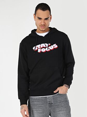 Regular Fit Kapüşonlu Yazı Baskılı Siyah Erkek Sweatshirt