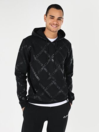 Regular Fit Desenli Kapüşonlu Siyah Erkek Sweatshirt