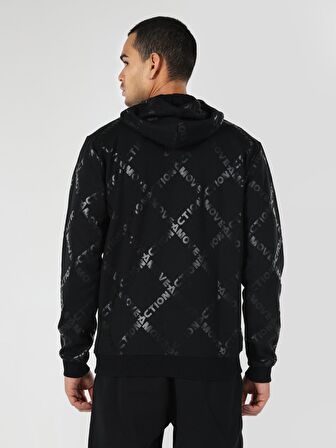 Regular Fit Desenli Kapüşonlu Siyah Erkek Sweatshirt