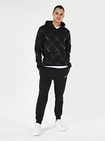Regular Fit Desenli Kapüşonlu Siyah Erkek Sweatshirt