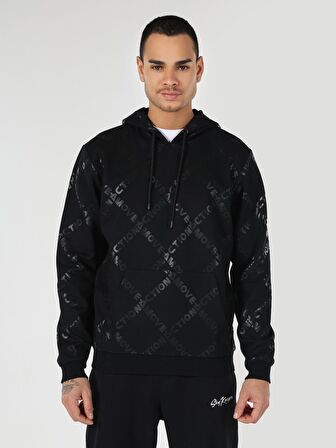 Regular Fit Desenli Kapüşonlu Siyah Erkek Sweatshirt