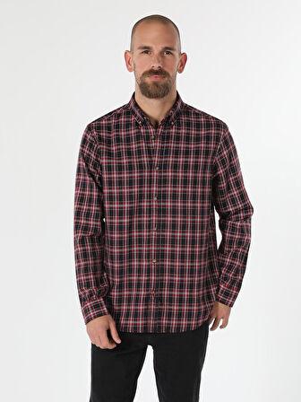 Regular Fit Kareli Kırmızı Erkek Uzun Kol Gömlek