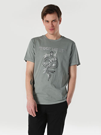 Regular Fit Bisiklet Yaka Baskılı Gri Erkek Kısa Kol Tişört