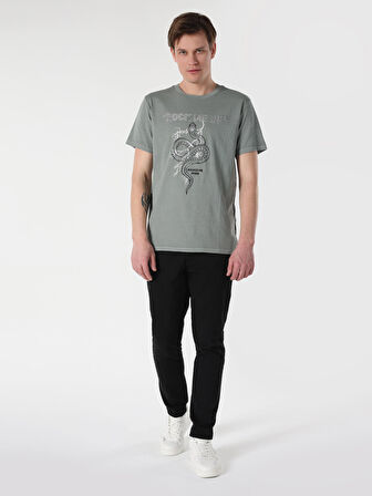 Regular Fit Bisiklet Yaka Baskılı Gri Erkek Kısa Kol Tişört