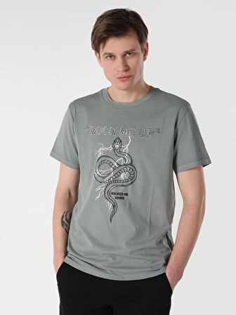 Regular Fit Bisiklet Yaka Baskılı Gri Erkek Kısa Kol Tişört