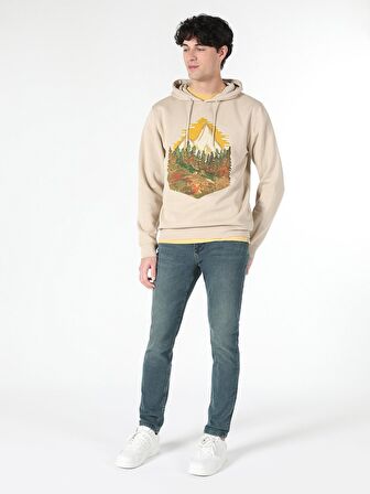 Regular Fit Baskılı Kapüşonlu Bej Erkek Sweatshirt