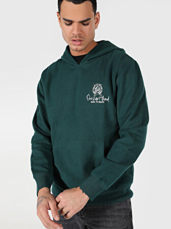 Regular Fit Baskılı Kapüşonlu Yeşil Erkek Sweatshirt