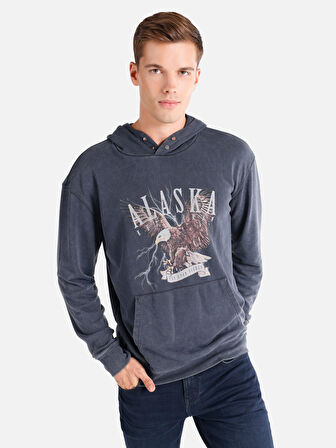 Regular Fit Baskılı Kapüşonlu Antrasit Erkek Sweatshirt