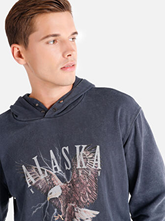 Regular Fit Baskılı Kapüşonlu Antrasit Erkek Sweatshirt